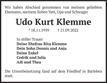 Traueranzeige von Udo Kurt Klemme  von Magdeburger Volksstimme