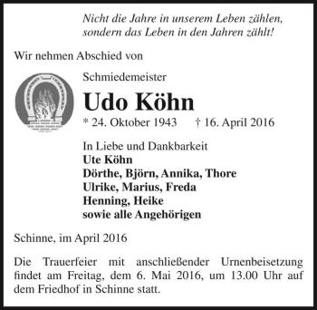 Traueranzeige von Udo Köhn  von Magdeburger Volksstimme