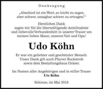 Traueranzeige von Udo Köhn  von Magdeburger Volksstimme
