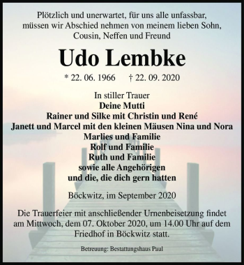 Traueranzeige von Udo Lembke  von Magdeburger Volksstimme