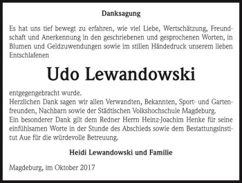Traueranzeige von Udo Lewandowski  von Magdeburger Volksstimme
