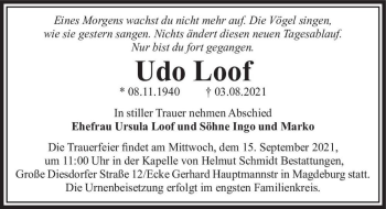 Traueranzeige von Udo Loof  von Magdeburger Volksstimme
