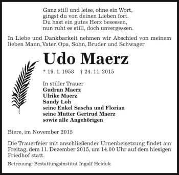 Traueranzeige von Udo Maerz  von Magdeburger Volksstimme