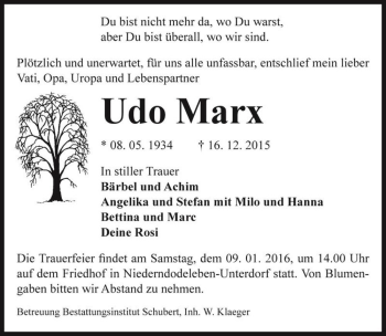 Traueranzeige von Udo Marx  von Magdeburger Volksstimme