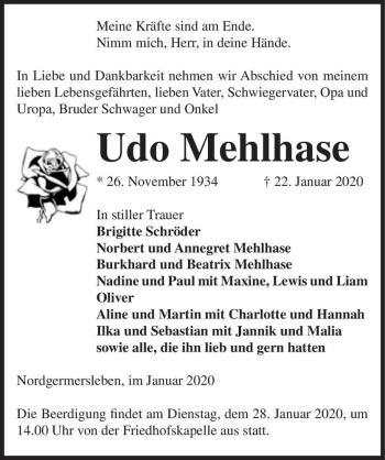 Traueranzeige von Udo Mehlhase  von Magdeburger Volksstimme