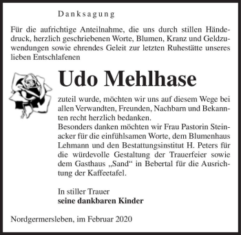 Traueranzeige von Udo Mehlhase  von Magdeburger Volksstimme