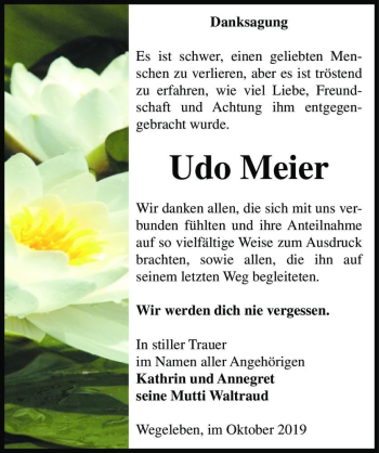Traueranzeige von Udo Meier  von Magdeburger Volksstimme