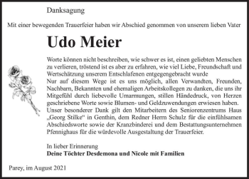 Traueranzeige von Udo Meier  von Magdeburger Volksstimme