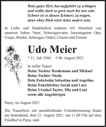 Traueranzeige von Udo Meier  von Magdeburger Volksstimme