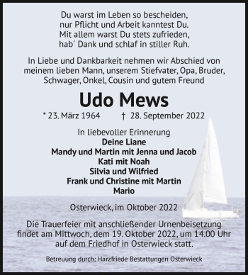 Traueranzeige von Udo Mews  von Magdeburger Volksstimme