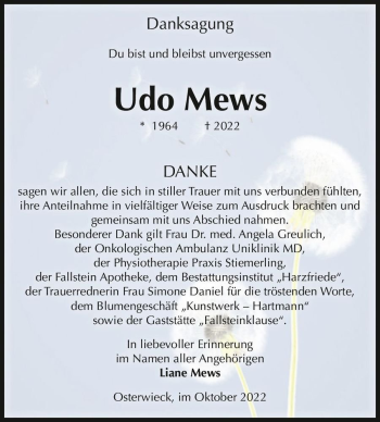 Traueranzeige von Udo Mews  von Magdeburger Volksstimme
