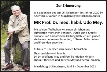Traueranzeige von Udo Mey  von Magdeburger Volksstimme