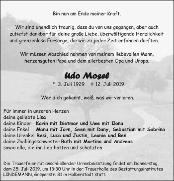 Traueranzeige von Udo Mosel  von Magdeburger Volksstimme
