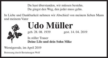 Traueranzeige von Udo Müller  von Magdeburger Volksstimme
