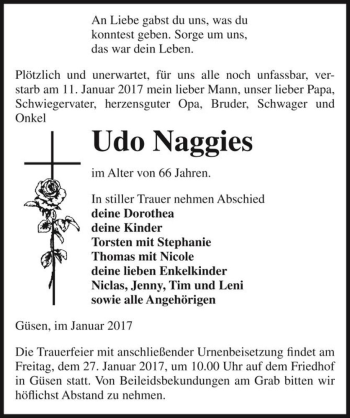 Traueranzeige von Udo Naggies  von Magdeburger Volksstimme