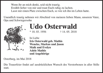Traueranzeige von Udo Osterwald  von Magdeburger Volksstimme