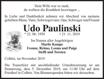 Traueranzeige von Udo Paulinski  von Magdeburger Volksstimme