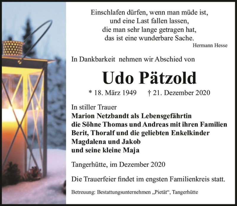  Traueranzeige für Udo Pätzold  vom 24.12.2020 aus Magdeburger Volksstimme