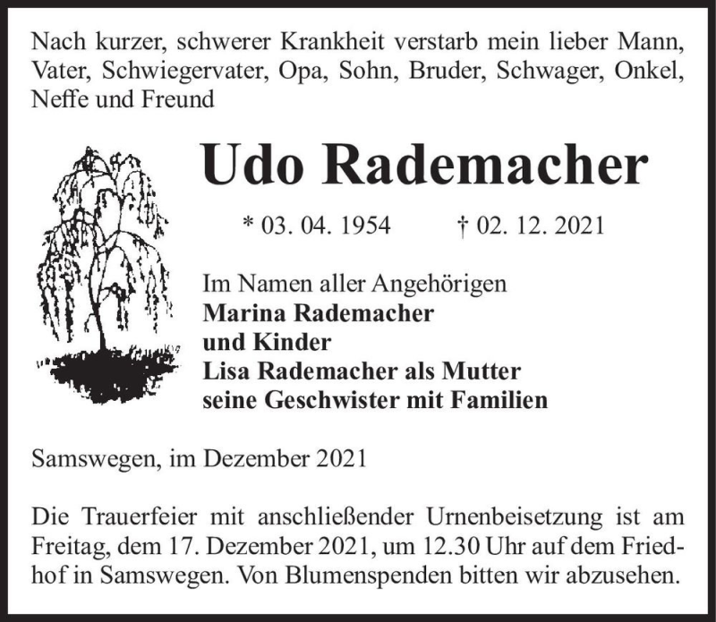  Traueranzeige für Udo Rademacher  vom 11.12.2021 aus Magdeburger Volksstimme