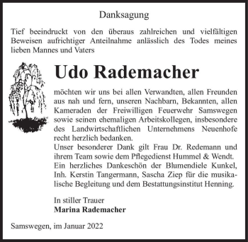 Traueranzeige von Udo Rademacher  von Magdeburger Volksstimme