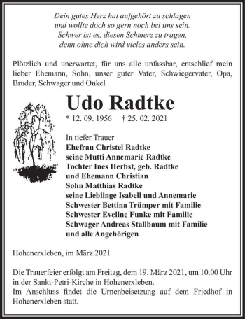 Traueranzeige von Udo Radke  von Magdeburger Volksstimme