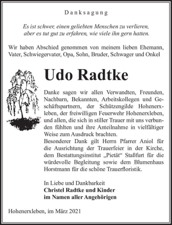 Traueranzeige von Udo Radtke  von Magdeburger Volksstimme