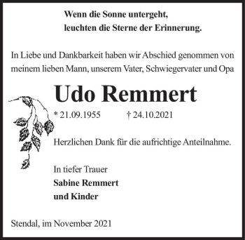 Traueranzeige von Udo Remmert  von Magdeburger Volksstimme