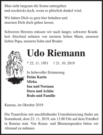 Traueranzeige von Udo Riemann  von Magdeburger Volksstimme