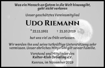 Traueranzeige von Udo Riemann  von Magdeburger Volksstimme