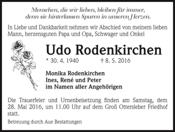 Traueranzeige von Udo Rodenkirchen  von Magdeburger Volksstimme