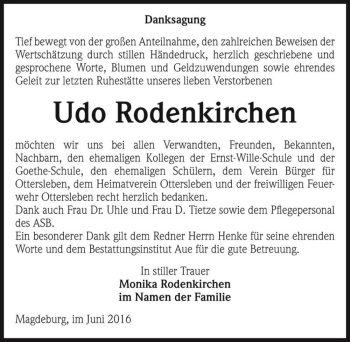 Traueranzeige von Udo Rodenkirchen  von Magdeburger Volksstimme