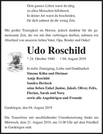 Traueranzeige von Udo Roschild  von Magdeburger Volksstimme