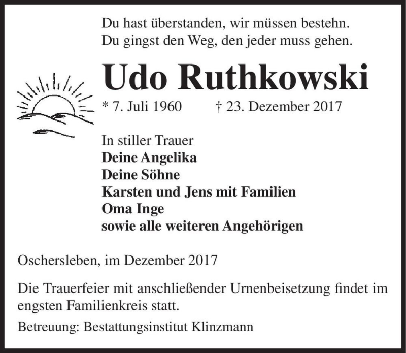  Traueranzeige für Udo Ruthkowski  vom 30.12.2017 aus Magdeburger Volksstimme