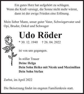 Traueranzeige von Udo Röder  von Magdeburger Volksstimme