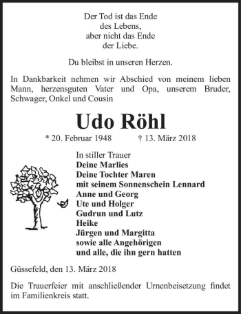 Traueranzeige von Udo Röhl  von Magdeburger Volksstimme