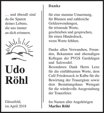 Traueranzeige von Udo Röhl  von Magdeburger Volksstimme