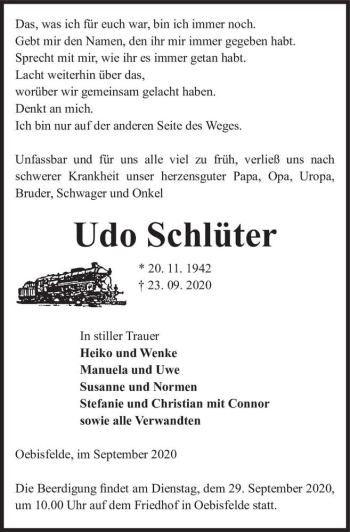 Traueranzeige von Udo Schlüter  von Magdeburger Volksstimme