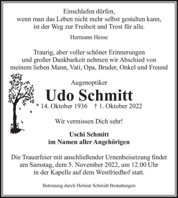 Traueranzeige von Udo Schmitt  von Magdeburger Volksstimme