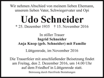 Traueranzeige von Udo Schneider  von Magdeburger Volksstimme