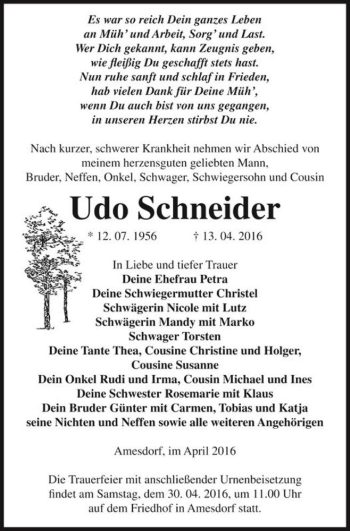Traueranzeige von Udo Schneider  von Magdeburger Volksstimme
