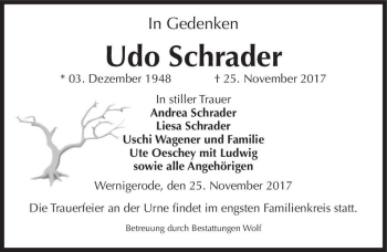 Traueranzeige von Udo Schrader  von Magdeburger Volksstimme