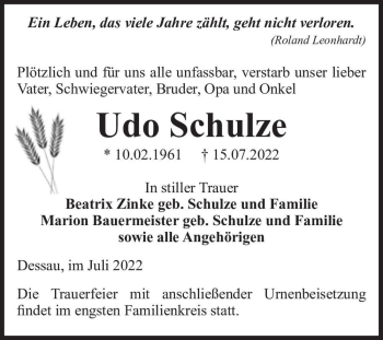 Traueranzeige von Udo Schulze  von Magdeburger Volksstimme