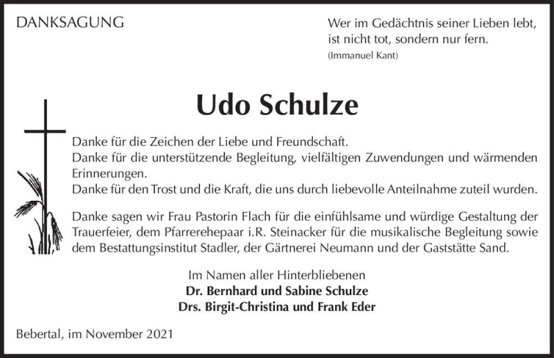  Traueranzeige für Udo Schulze  vom 27.11.2021 aus Magdeburger Volksstimme