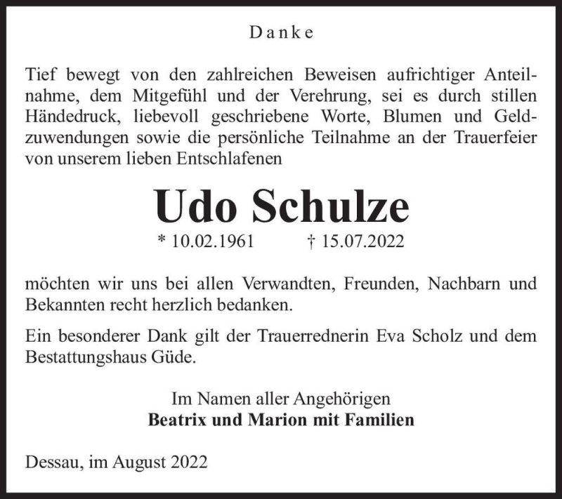  Traueranzeige für Udo Schulze  vom 10.09.2022 aus Magdeburger Volksstimme