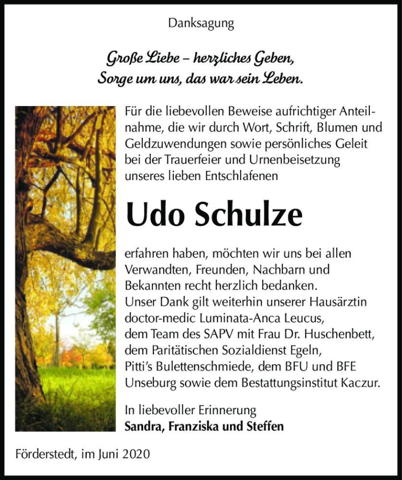  Traueranzeige für Udo Schulze  vom 27.06.2020 aus Magdeburger Volksstimme