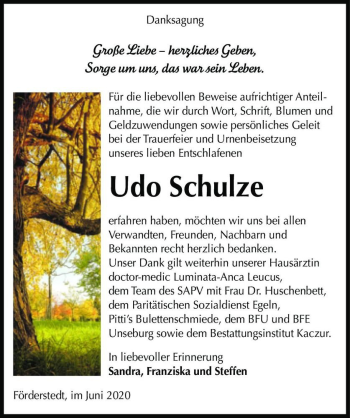 Traueranzeige von Udo Schulze  von Magdeburger Volksstimme