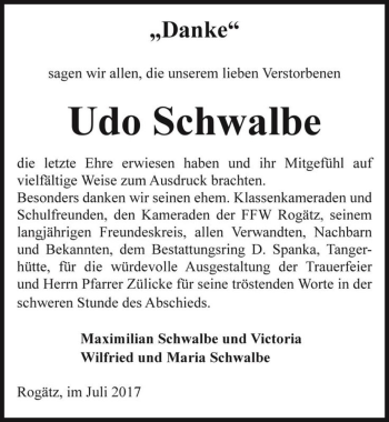 Traueranzeige von Udo Schwalbe  von Magdeburger Volksstimme