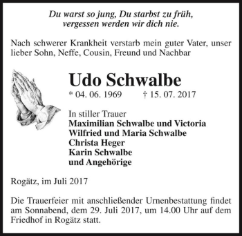 Traueranzeige von Udo Schwalbe  von Magdeburger Volksstimme