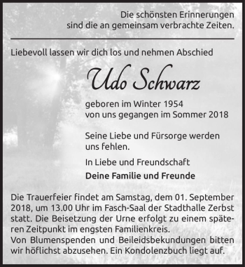Traueranzeige von Udo Schwarz  von Magdeburger Volksstimme