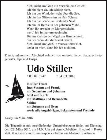 Traueranzeige von Udo Stiller  von Magdeburger Volksstimme